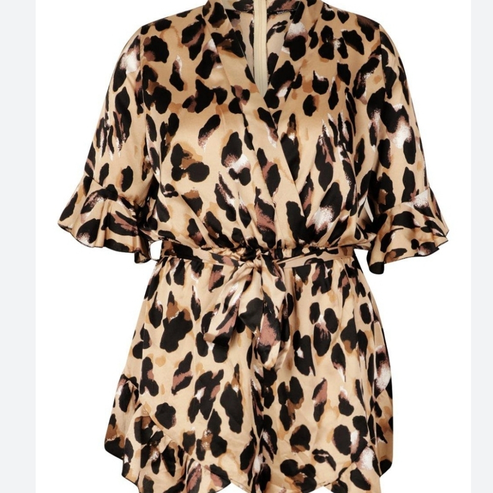 Satin Leopard Print Ruffle Wrap Tie Romper